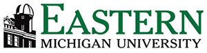 green and black Eastern Michigan University logo with a black pillared building