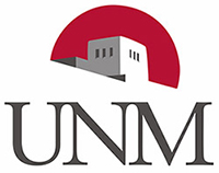 University of New Mexico logo, a red half circle with a white square building inside