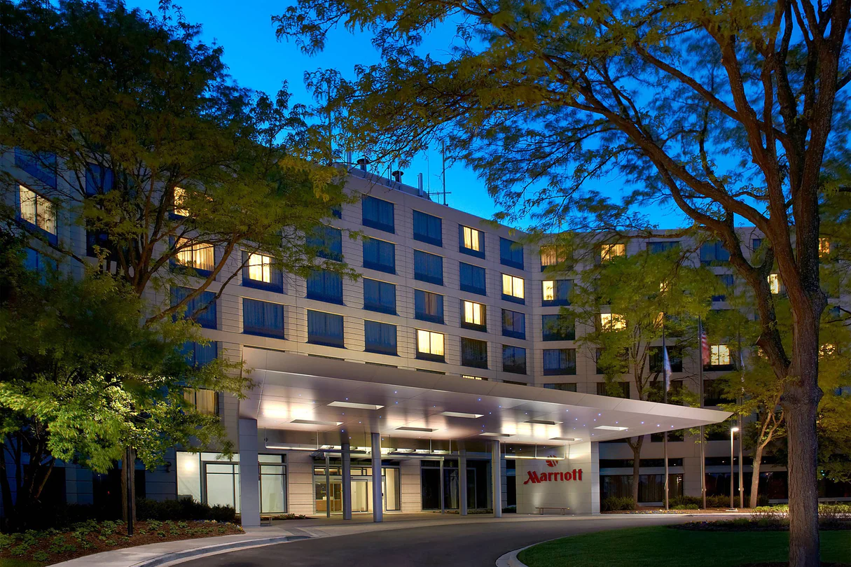 Outside of Naperville Marriott - 5 story building with lighted porch