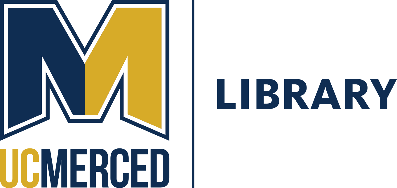 A big M, left half in dark blue, right in gold. Then below, UC in gold, Merced in dark blue. To the right is LIBRARY in dark blue